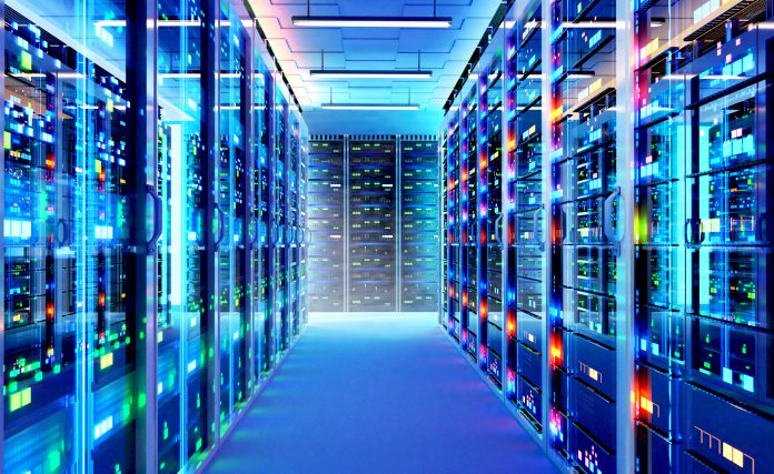 Server racks with glowing lights in a data center